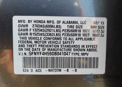 2013 Honda Pilot Ex-L из США, поврежденный, VIN 5FNYF4H59DB041047